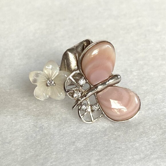 Sterling Silver 925 3D Pink MOP Butterfly Cubic Zirconia White Flower Ring Sz 6 - Picture 2 of 16